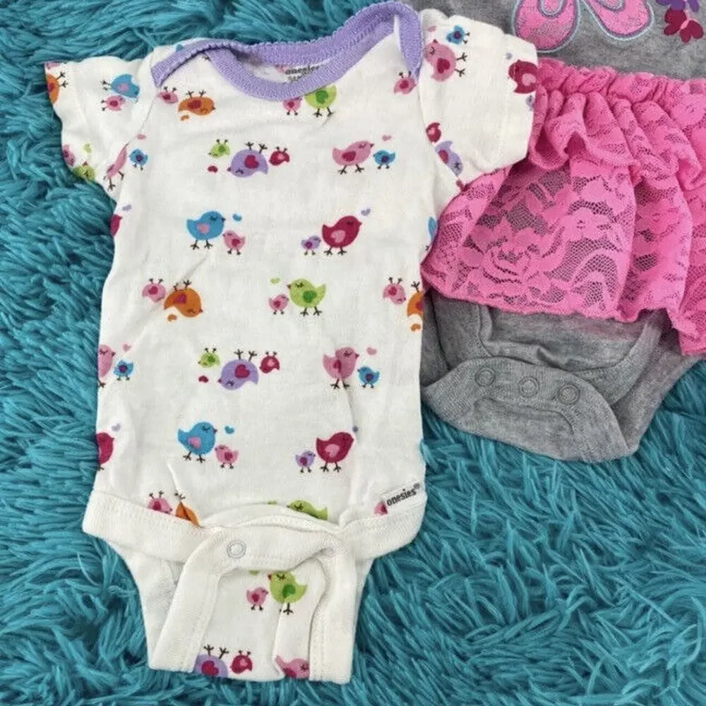 Baby Girl 0-3M Garanimals Onesies Bundle Cat Butterfly Tutu Birds 3 Piece Lot